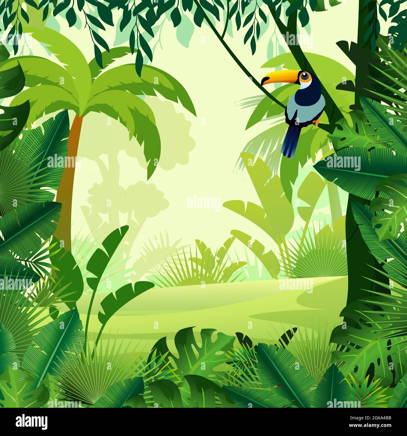 Vector illustration of beautiful background morning jungle. Bright jungle with ferns and flowers. For design game, websites and mobile phones Stock Vector