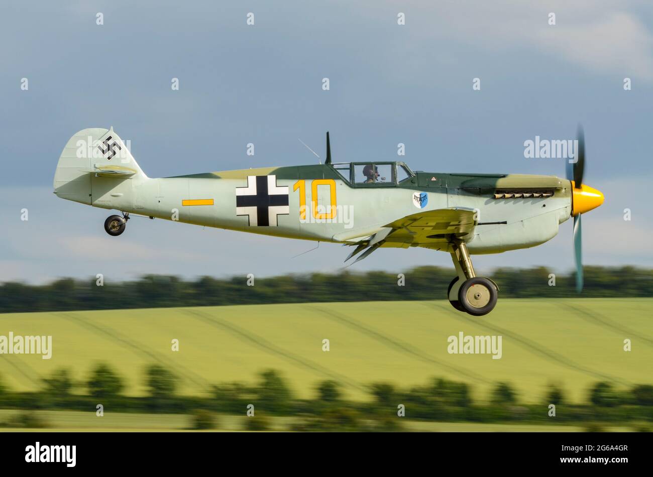 Hispano HA-1112 Buchon G-BWUE in Battle of Britain film Messerschmitt Bf109 Me109 German Luftwaffe fighter plane colours. Landing Stock Photo