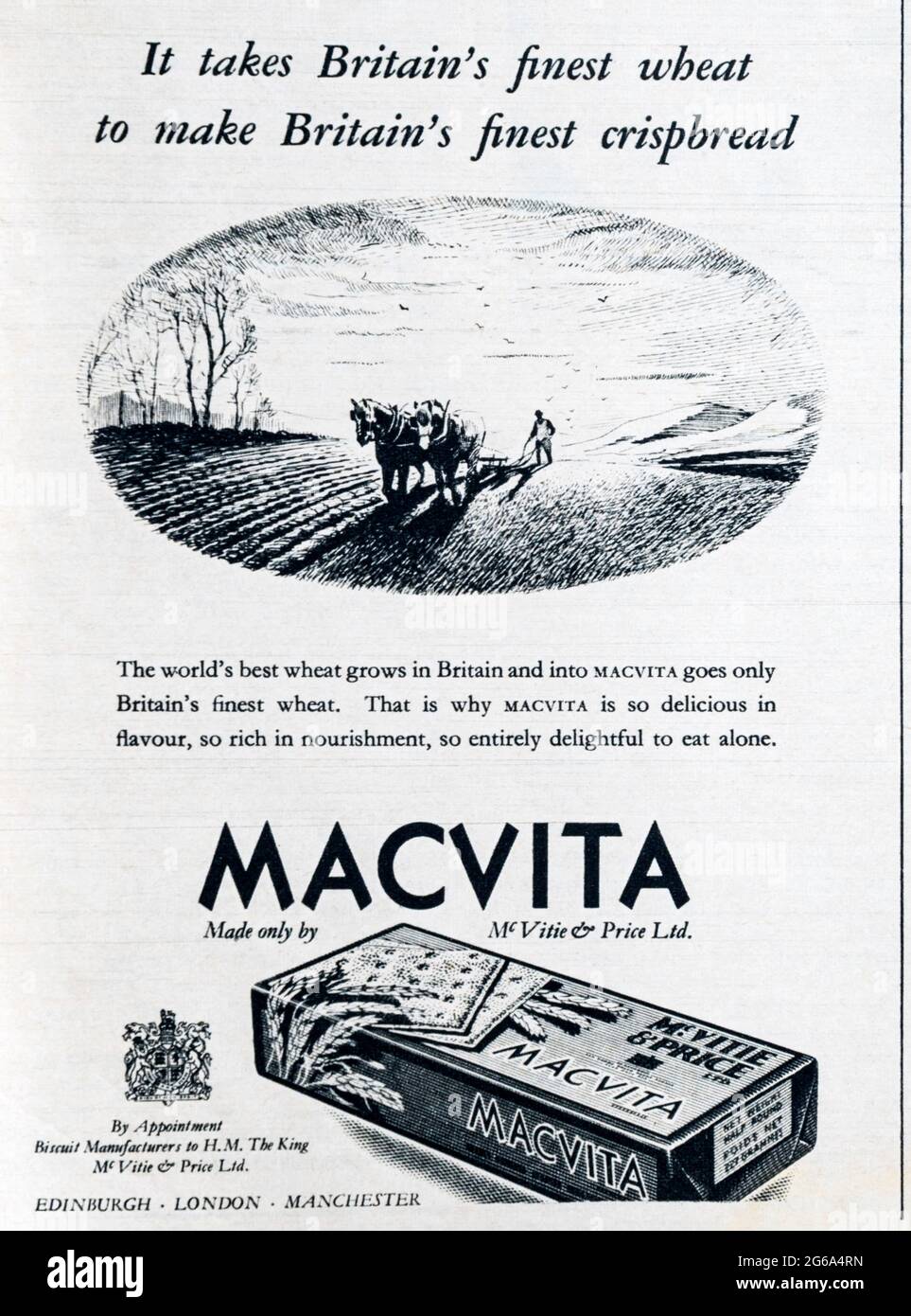 A 1950s magazine advertisement for Macvita biscuits made from British wheat by McVitie & Price. Stock Photo