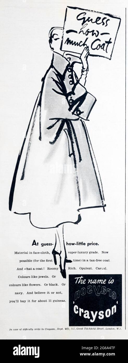 A 1950s magazine advertisement for Crayson coats. Stock Photo