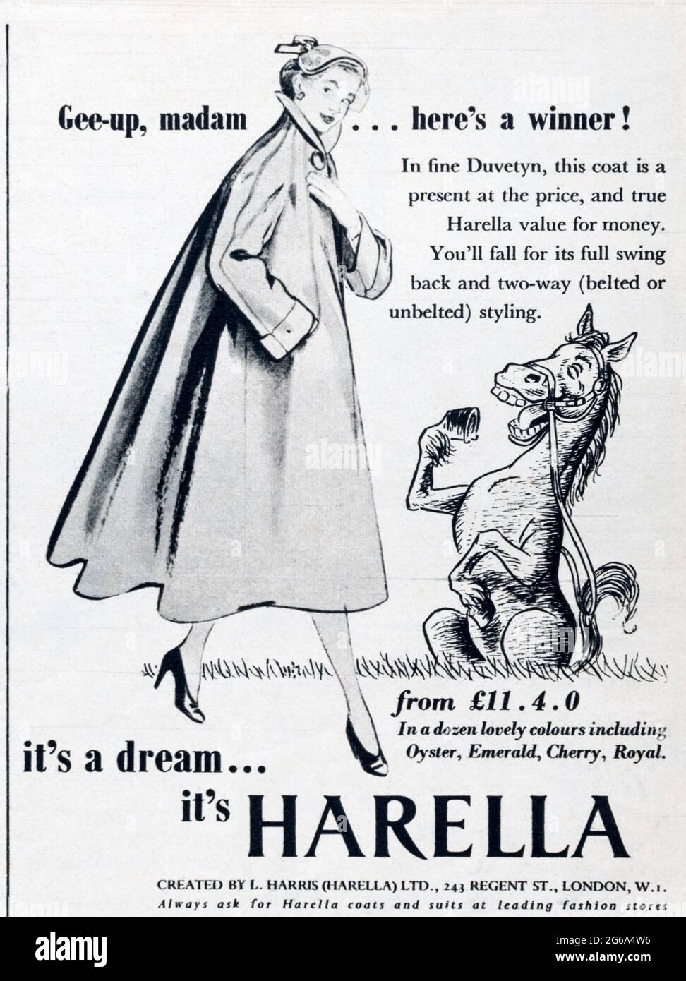 A 1950s magazine advertisement for Harella coats. Stock Photo