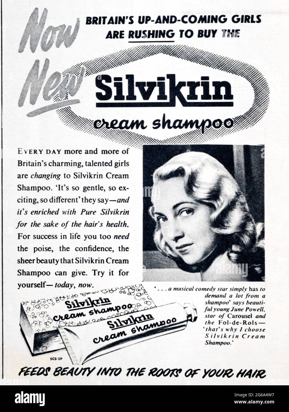 A 1950s magazine advertisement for Silvikrin hair shampoo. Stock Photo