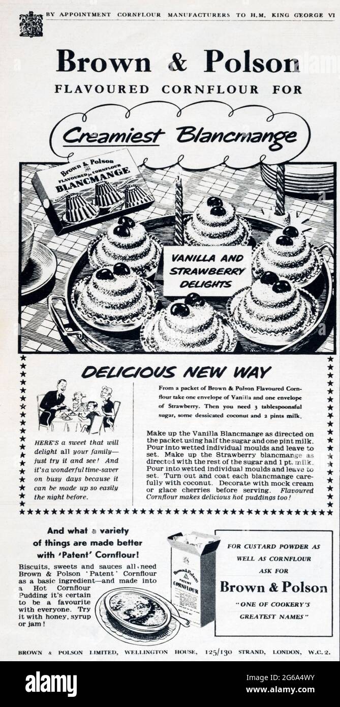 A 1950s magazine advertisement for Brown & Poulson cornflour. Stock Photo