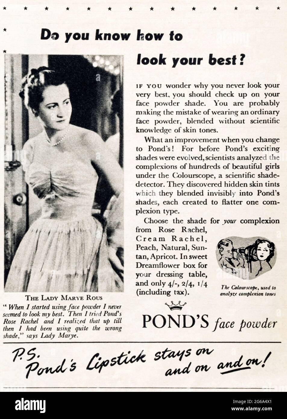 A 1950s magazine advertisement for Pond's face powder. Stock Photo