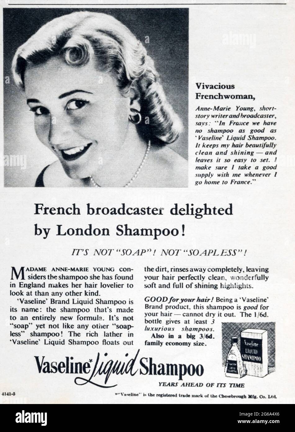 A 1950s magazine advertisement for Vaseline Liquid Shampoo. Stock Photo