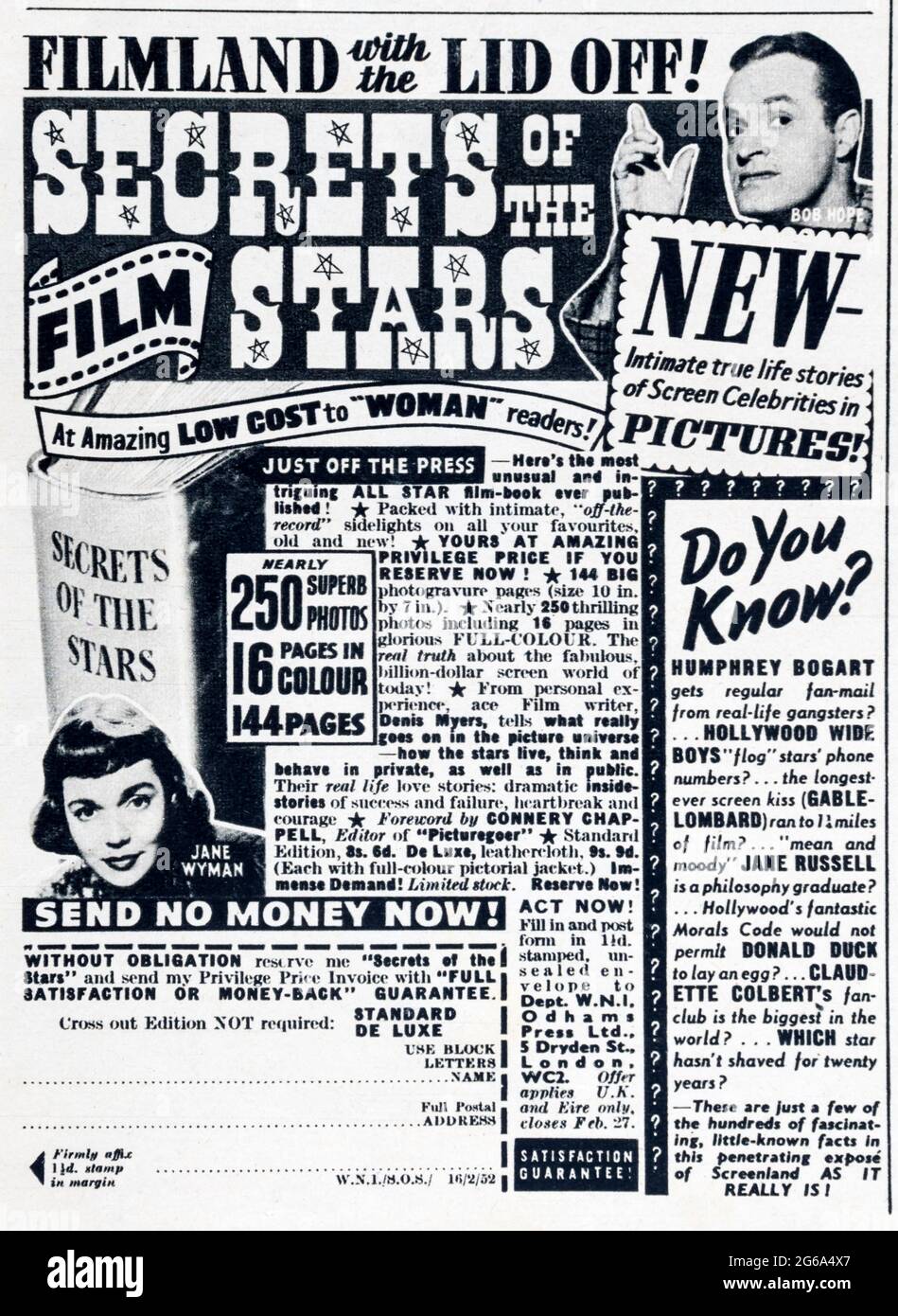 A 1950s magazine advertisement for Secrets of the Film Stars. Stock Photo
