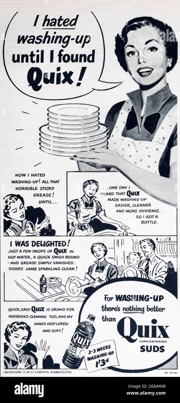 A 1950s magazine advertisement for Quix washing-up liquid. Stock Photo