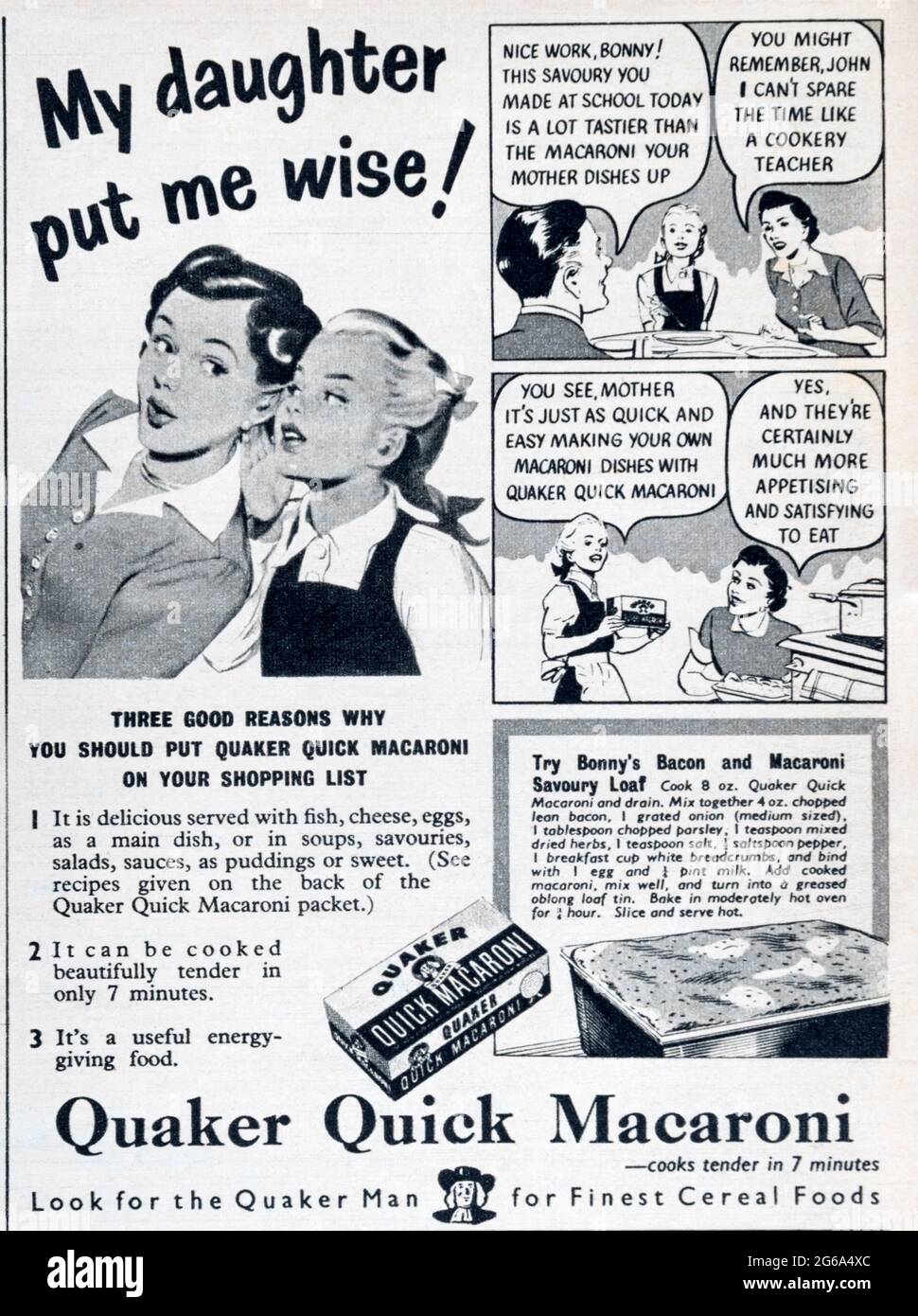 A 1950s magazine advertisement for Quaker Quick Macaroni. Stock Photo