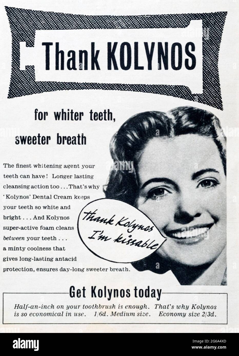 A 1950s magazine advertisement for Kolynos dental cream. Stock Photo