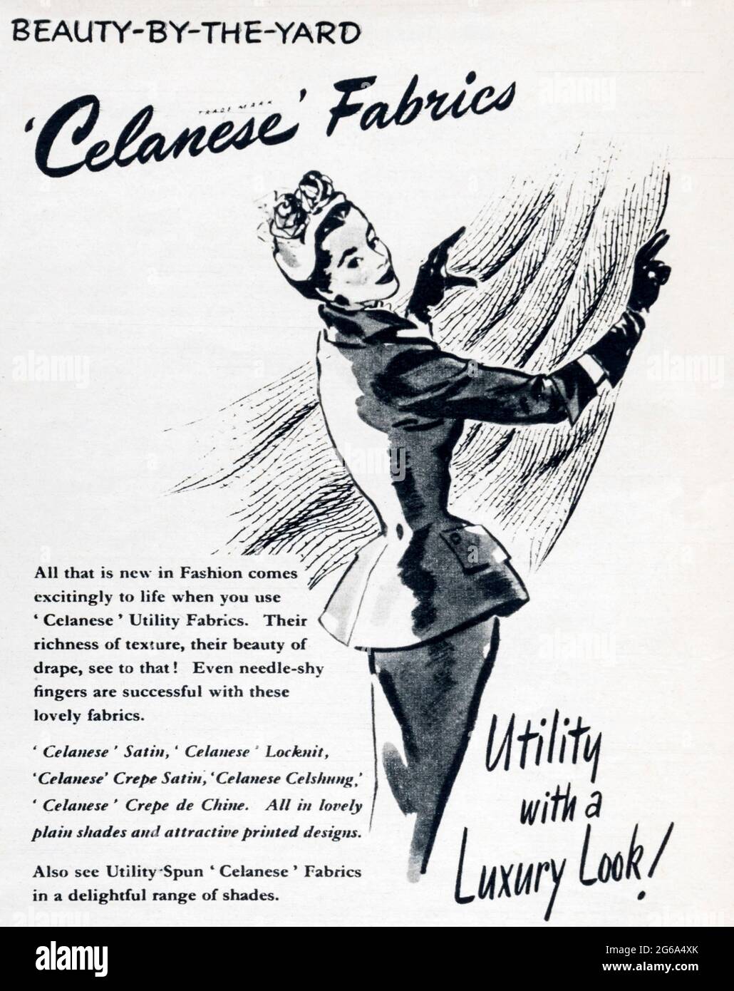 A 1950s magazine advertisement for Celanese Fabrics. Stock Photo