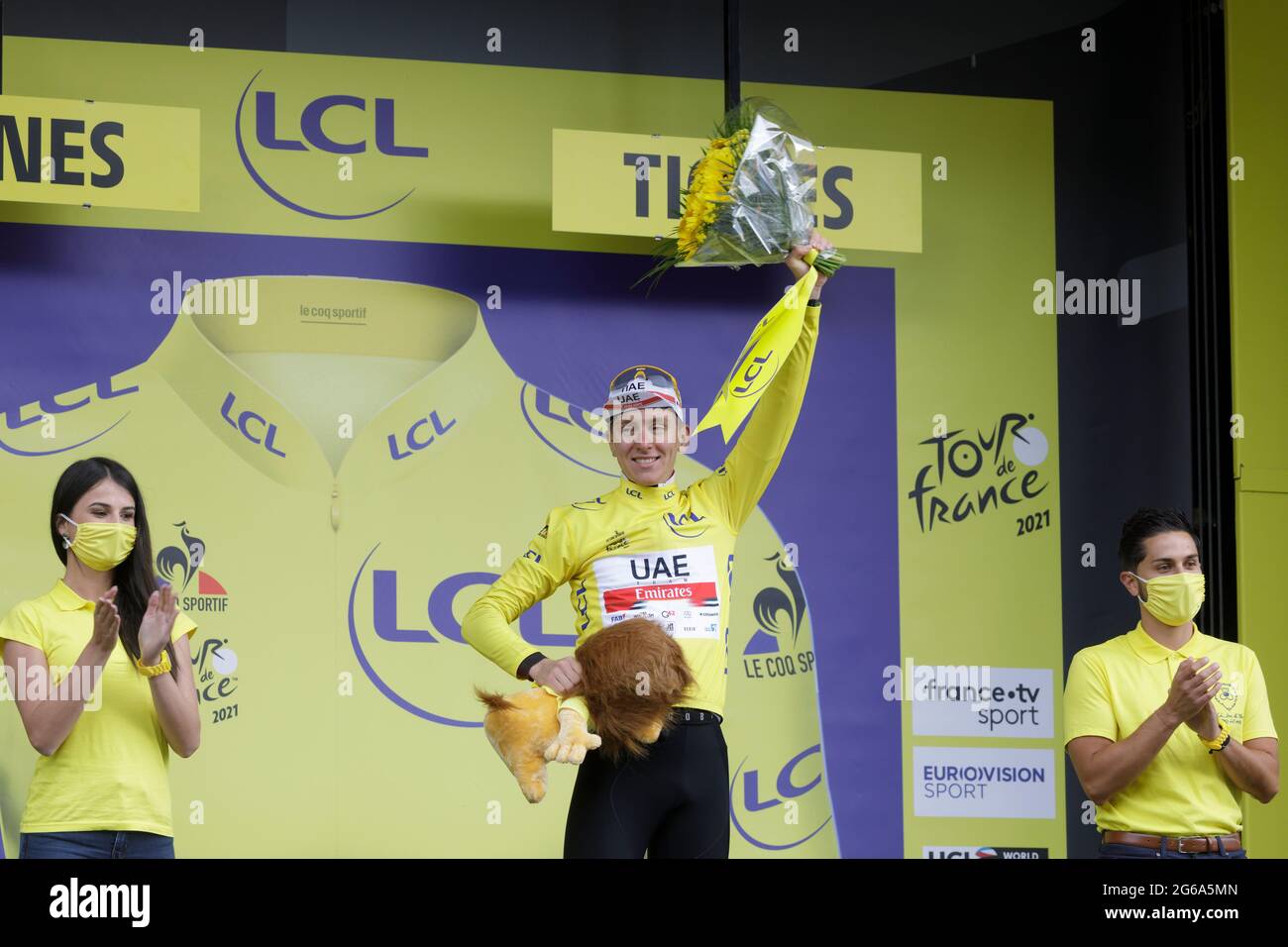 Tignes, France. 04 July 2021. Tadej Pogacar wearing the Maillot Jaune on the podium of the 9th stag of the Tour de France. Julian Elliott News Photography Credit: Julian Elliott/Alamy Live News Stock Photo