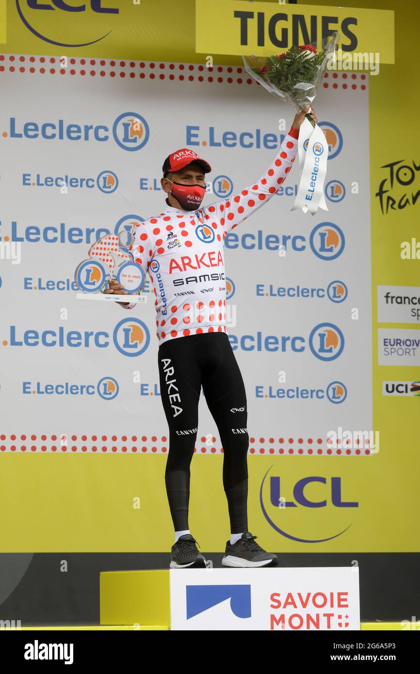 Tignes, France. 04 July 2021. Nairo Quintana on the podium of the 9th stage of the Tour de France. Julian Elliott News Photography Credit: Julian Elliott/Alamy Live News Stock Photo
