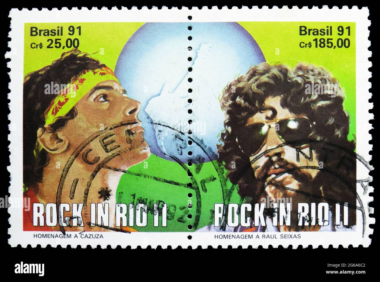 MOSCOW, RUSSIA - APRIL 18, 2020: Two postage stamp printed in Brazil from Rock Festival in Rio serie, circa 1991 Stock Photo