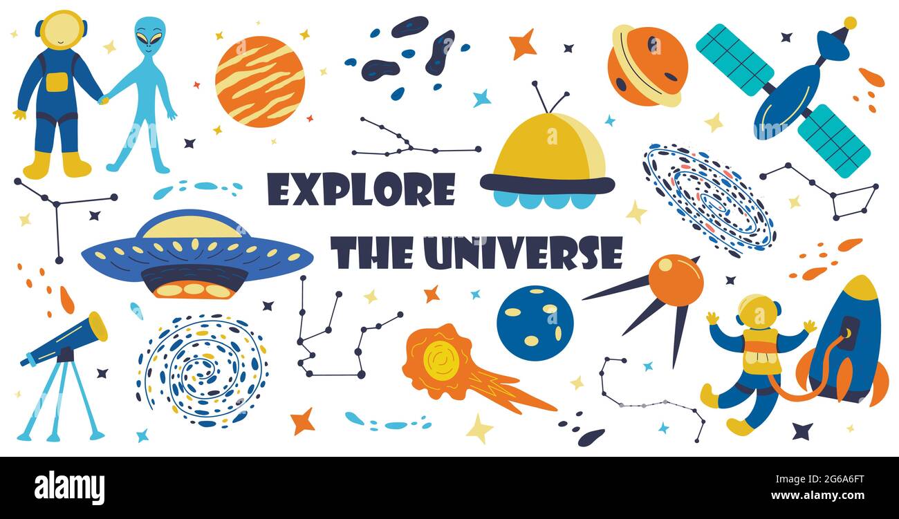 Set of elements explore the universe. Hand drawn vector colorful ...