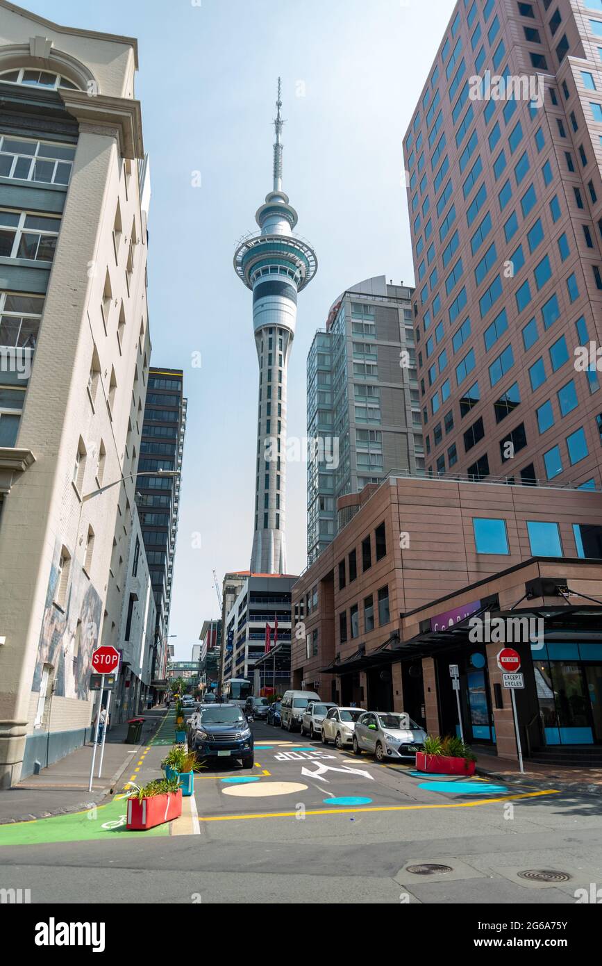 View of the Skytower from the streets of Auckland, New Zealand Stock Photo