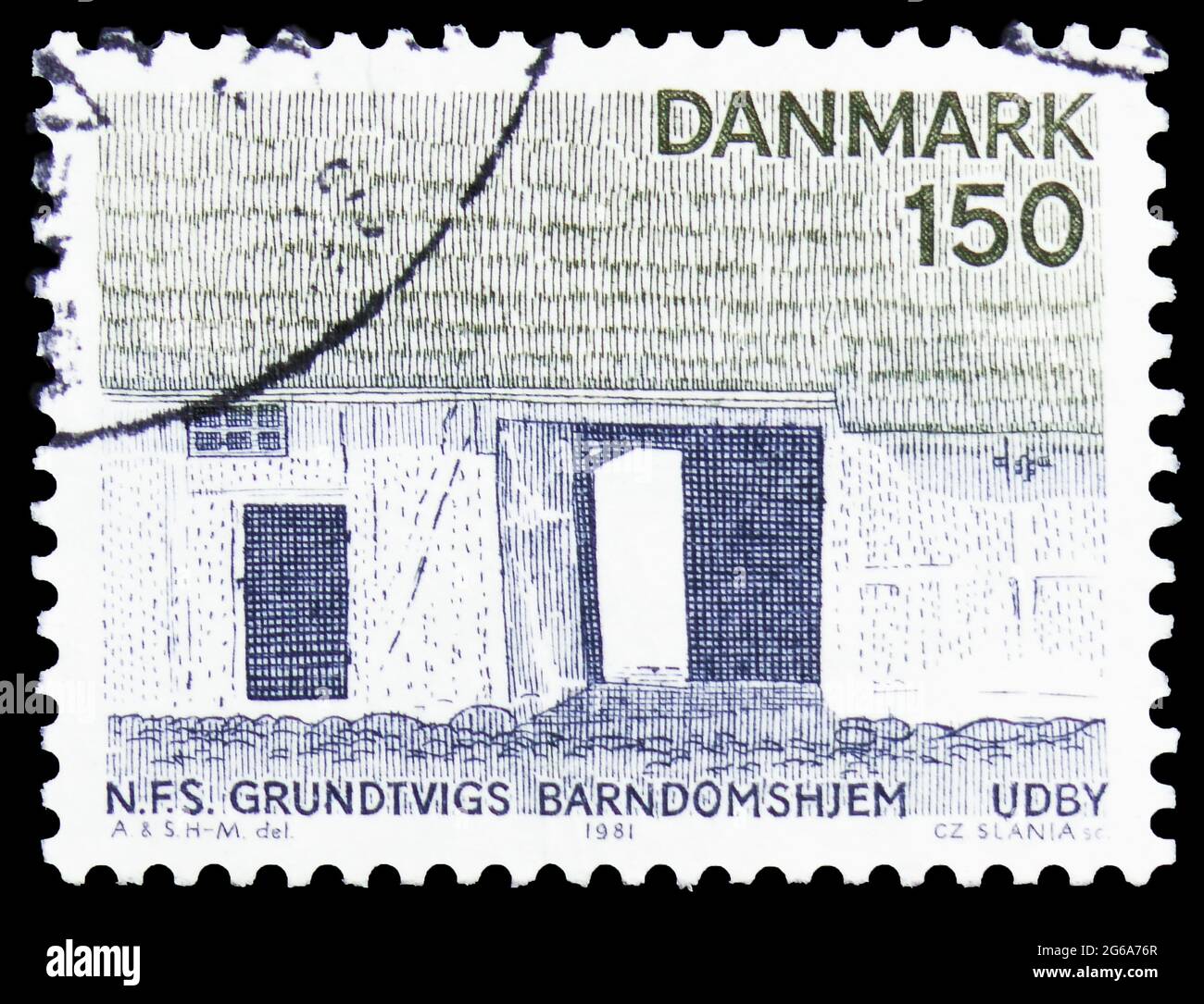 MOSCOW, RUSSIA - APRIL 18, 2020: Postage stamp printed in Denmark shows N.F.S.Grundtvig's Childhood Home, Udby, Danish Tourist Association - Zealand & Stock Photo