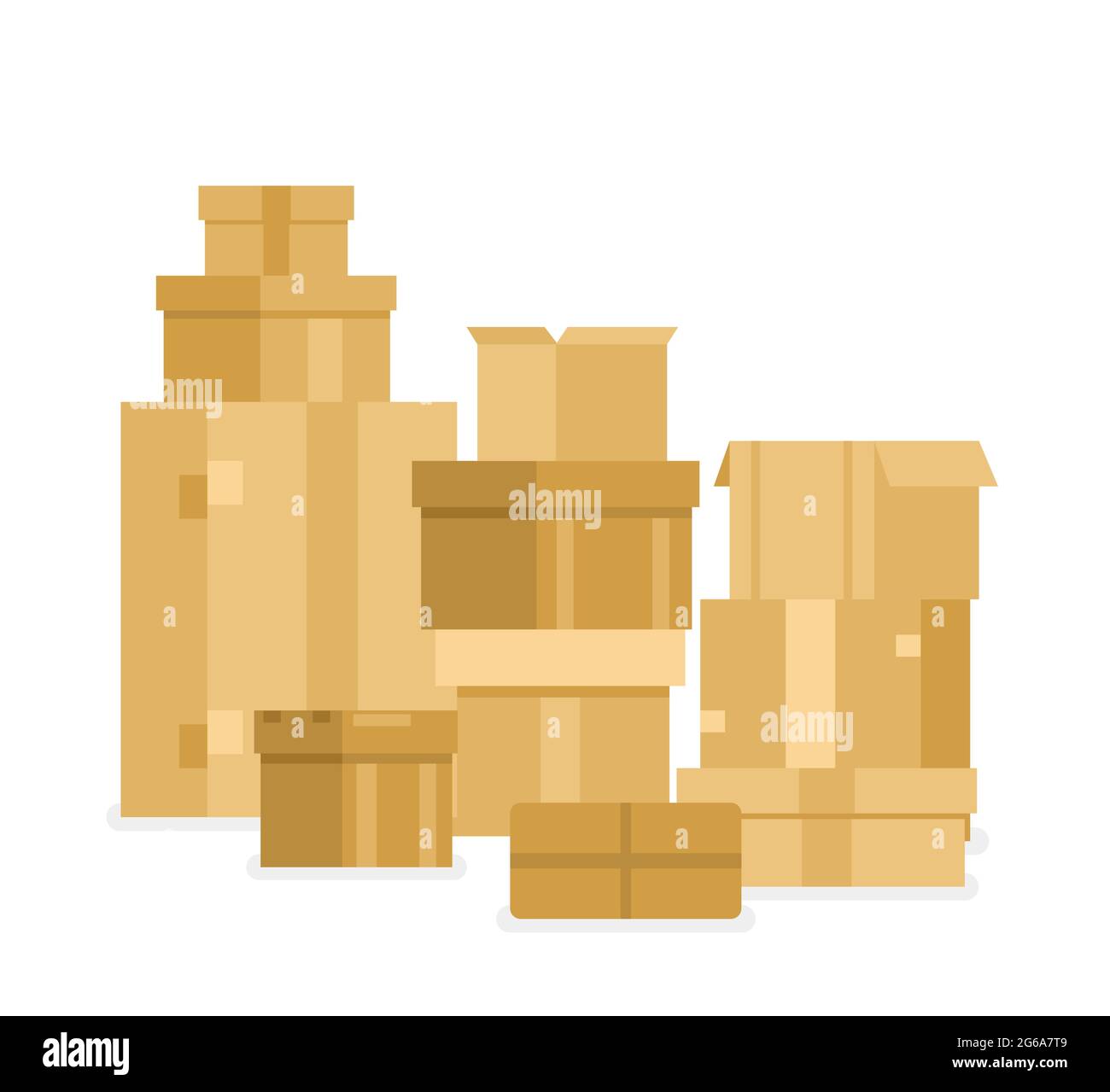 Vector illustration pile of stacked sealed goods cardboard boxes. Delivery containers brown color in flat style isolated on white background. Stock Vector