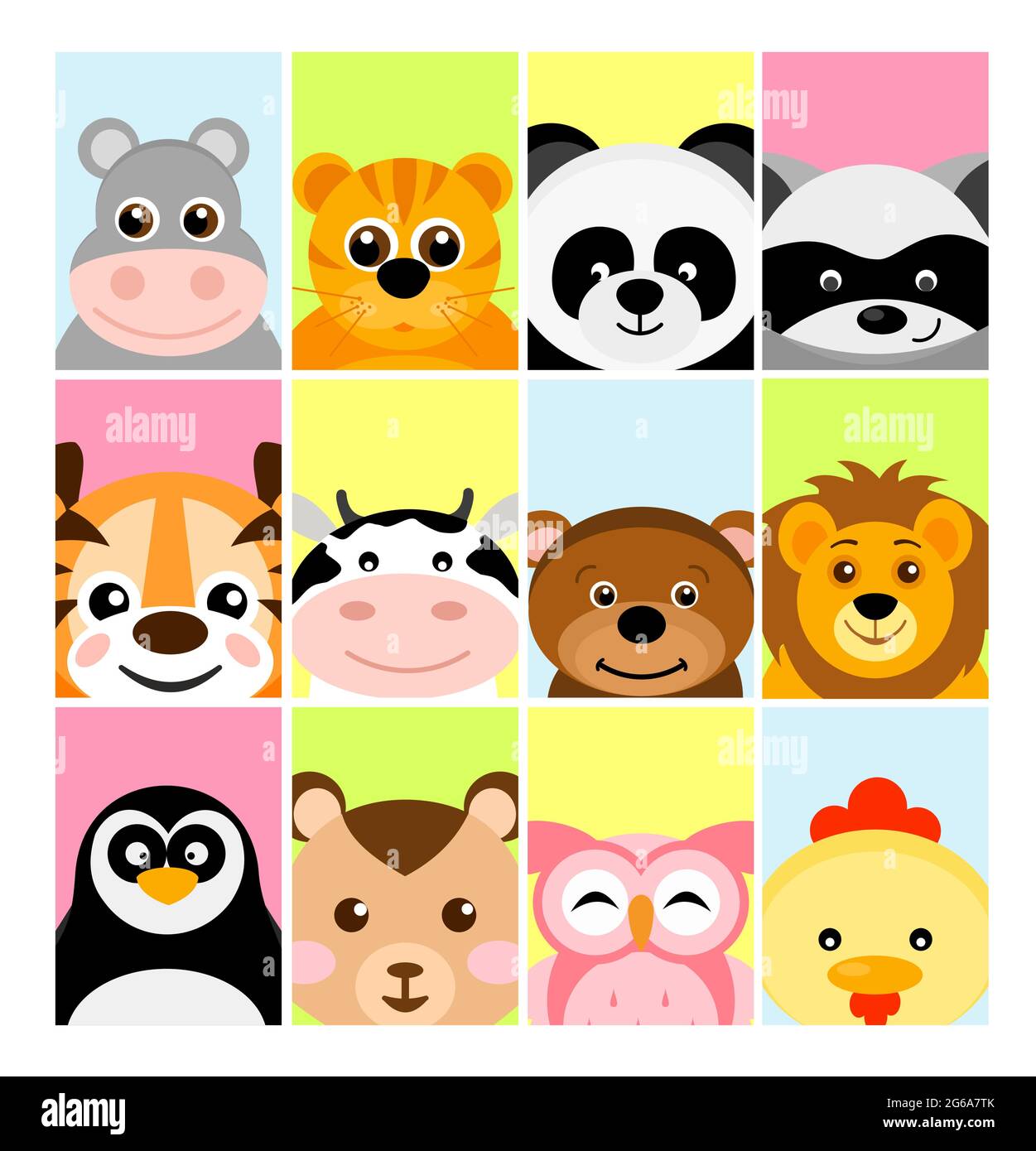 Vector illustration of adorable cute baby animals on color backgrounds for banner, flayer, placard for children in flat cartoon style. Stock Vector