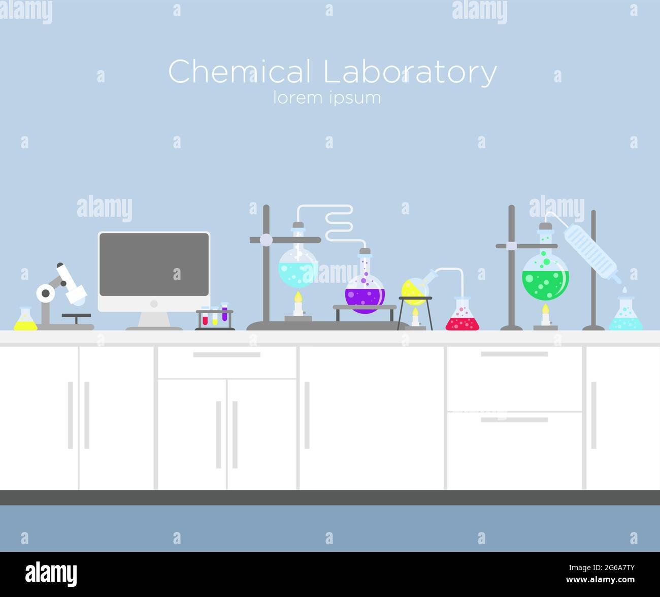 Vector illustration of chemical laboratory. Chemistry infographic s with various chemical solutions and reactions, computer and different tools in Stock Vector