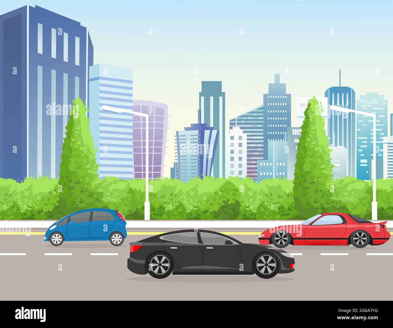 Vector illustration city street with skyscraper buildings. Road view big metropolis cityscape with cars in flat style. Stock Vector
