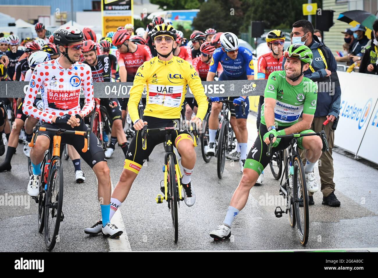 Dutch Wout Poels of Bahrain Victorious wearing the red polka dot jersey Slovenian Tadej Pogacar of UAE Team Emirates wearing the yellow jersey and Br Stock Photo Alamy