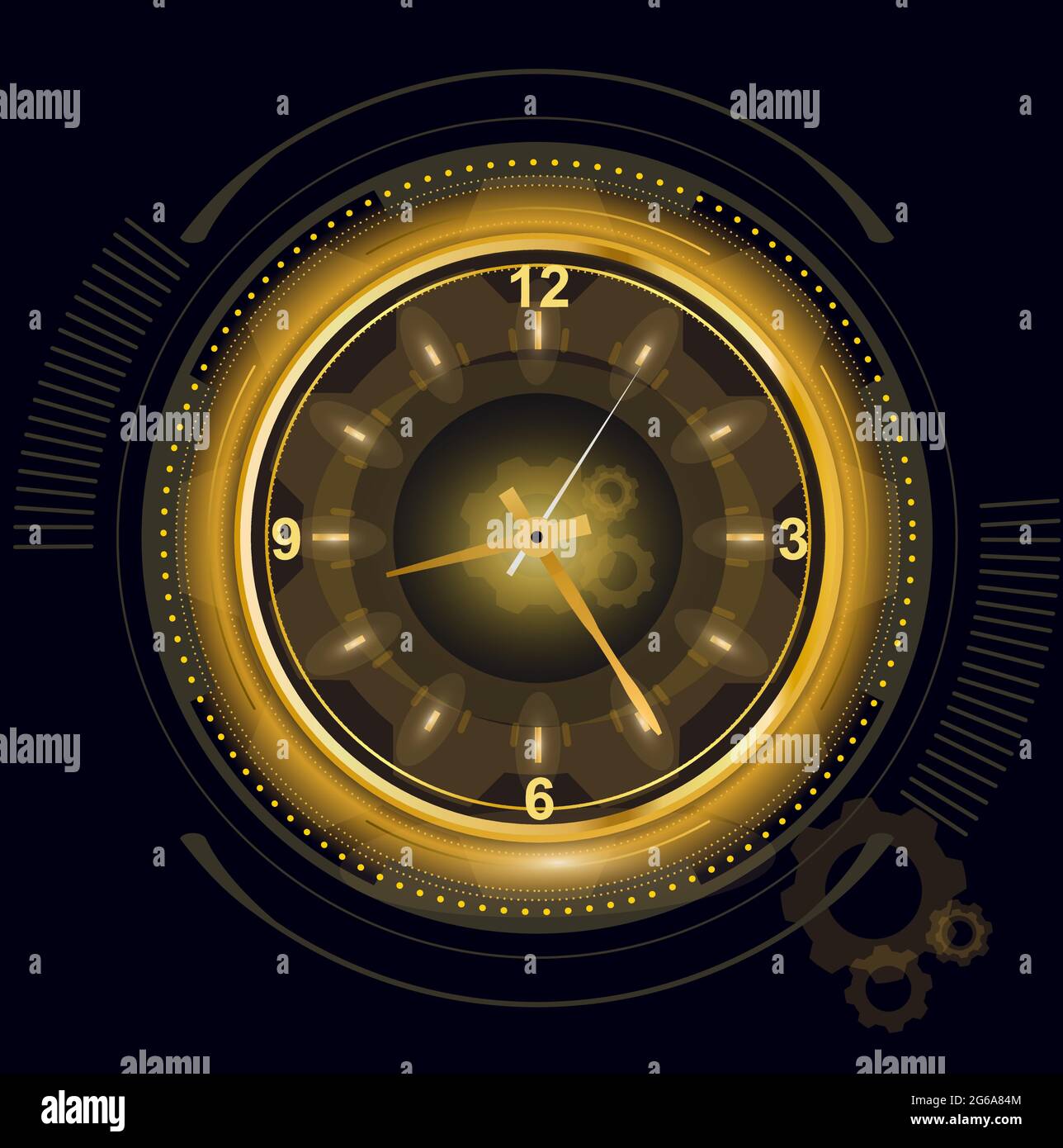 Vector illustration of abstract futuristic digital clock, technology background with golden light number timer, time concept and countdown. Stock Vector