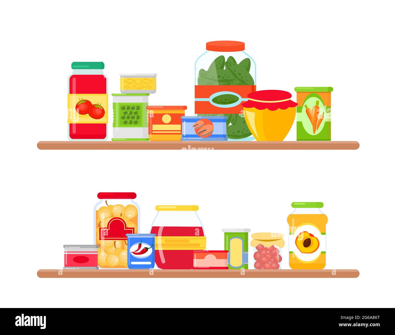 Vector illustration of grocery store shelves full of colorful and bright groceries in flat style. Stock Vector