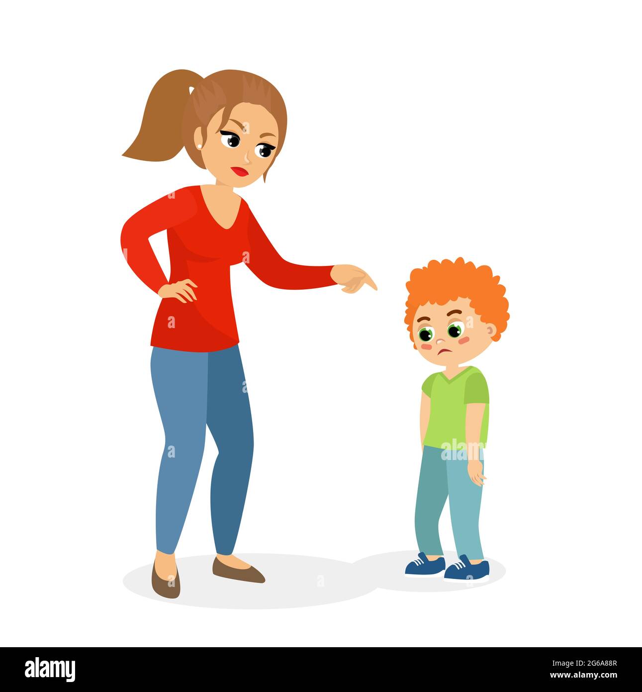 Vector illustration of mother character scolding her upset son, mom punishes son concept in flat cartoon style. Stock Vector