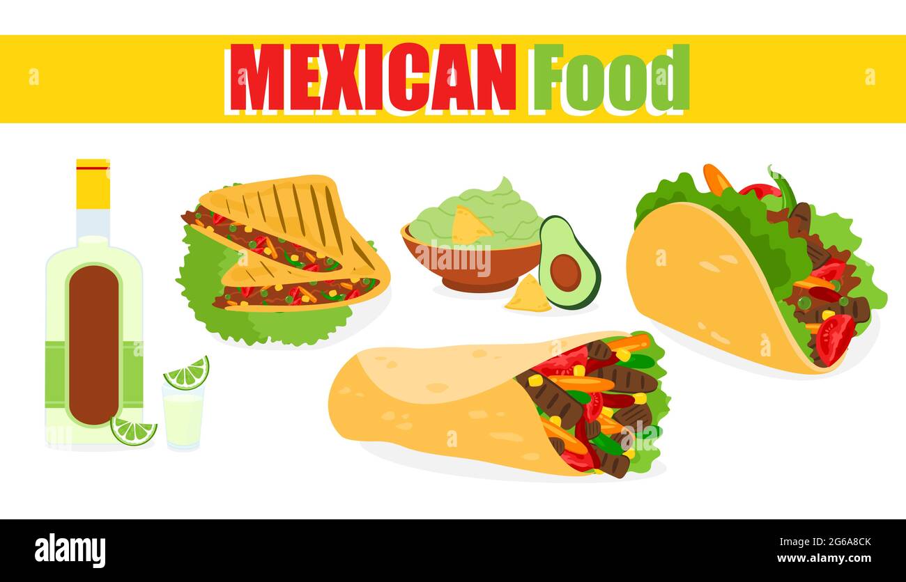 Vector illustration of traditional Mexican food, label on white background. Mexican ethnic cuisine, tacos, guacamole, sambuca, menu design elements in Stock Vector