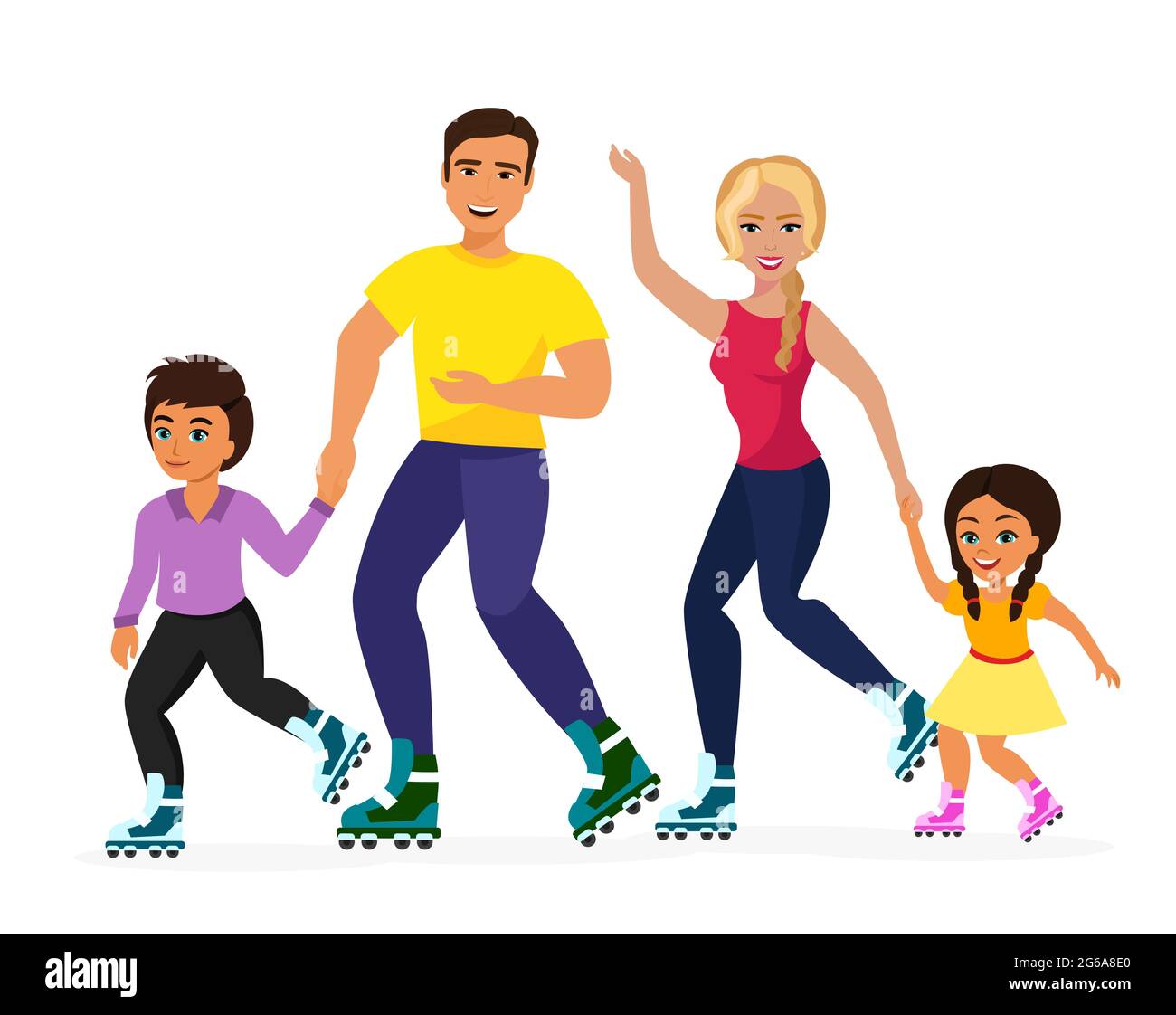 Vector illustration of smiley family skating on the white background. Sport family, mother, father, dother and son happy together. Healthy life Stock Vector