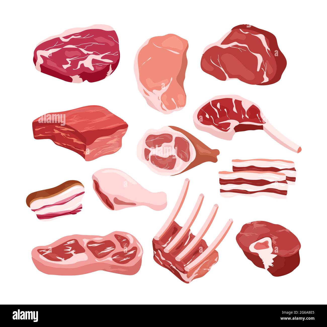 Vector illustration set of fresh tasty meat icons in flat style, isolated objects on white background. Gastronomic products, cook, steak, bbq concept. Stock Vector