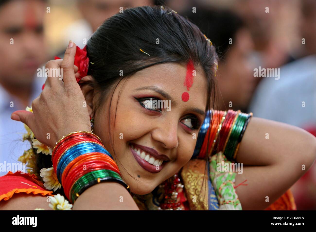 Decked out in flowers and colourful bangles to symbolise the new season
