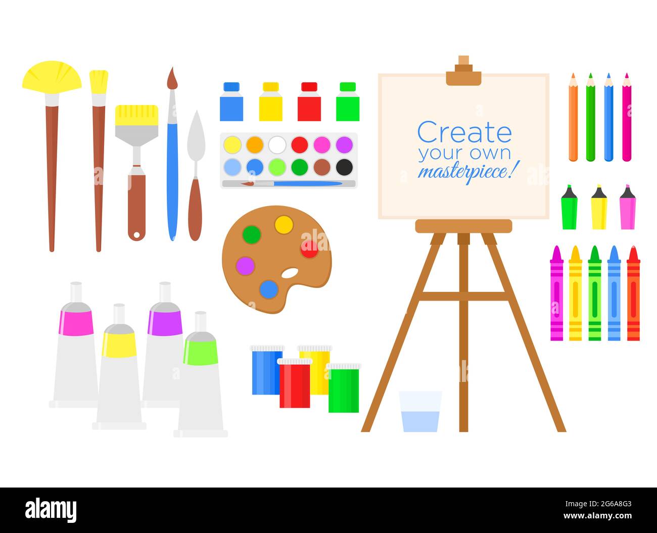 A set of icons, drawing tools, a wooden easel with paints and brushes, a  vector illustration in cartoon style on a white background 9734601 Vector  Art at Vecteezy
