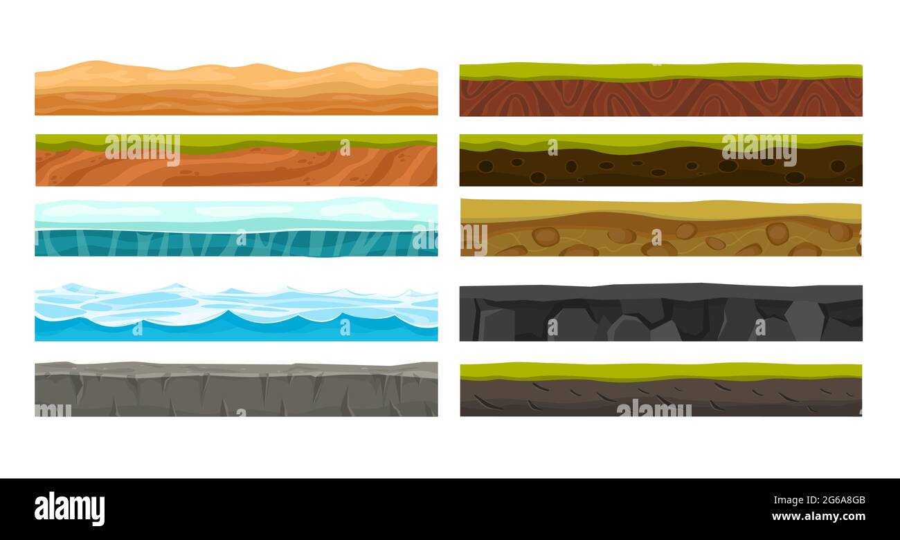 Vector illustration set of grounds for Ui Game. Collection of various land foreground area, rocks, water, ice and underground patterns on white Stock Vector