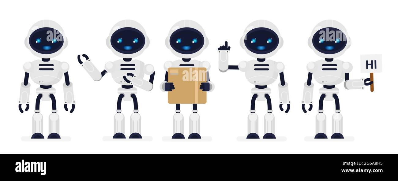Vector illustration set of cute robots white color in different poses in flat cartoon style. Stock Vector