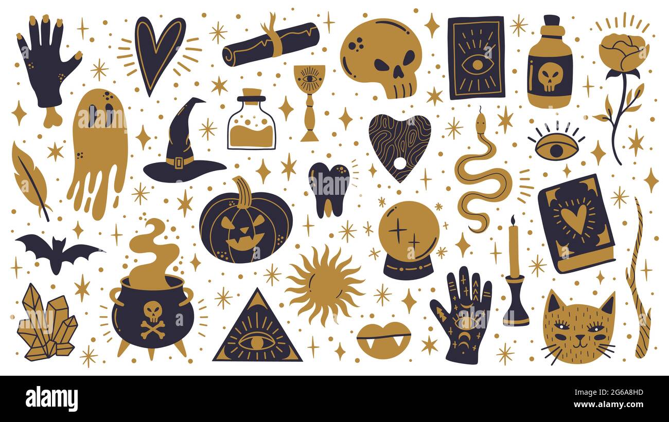 Witch halloween symbols. Doodle witchcraft spooky elements, magic cauldron, skull and pumpkin vector illustration set. Spooky halloween witchcraft Stock Vector