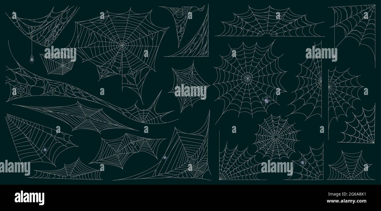 Halloween cobweb. Spider web spooky halloween decoration, scary torn cobweb symbols vector illustration set. Spider web silhouette elements Stock Vector