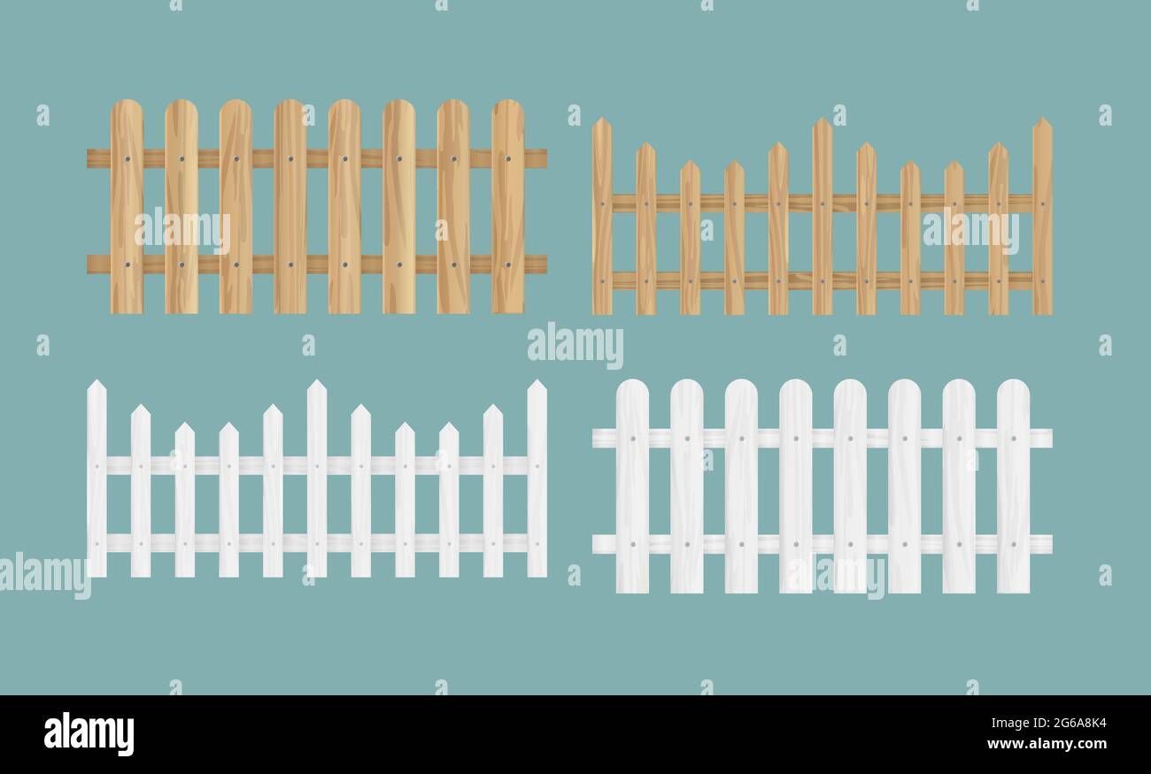 Vector illustration set of the different wood fences in natural color texture and white color. Stock Vector