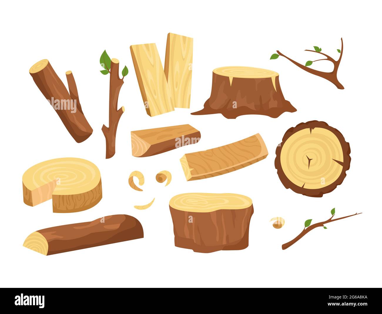 Vector illustration set of materials for wood industry. Collection of tree logs, planks, stump, twigs and trunks in cartoon flat style. Stock Vector