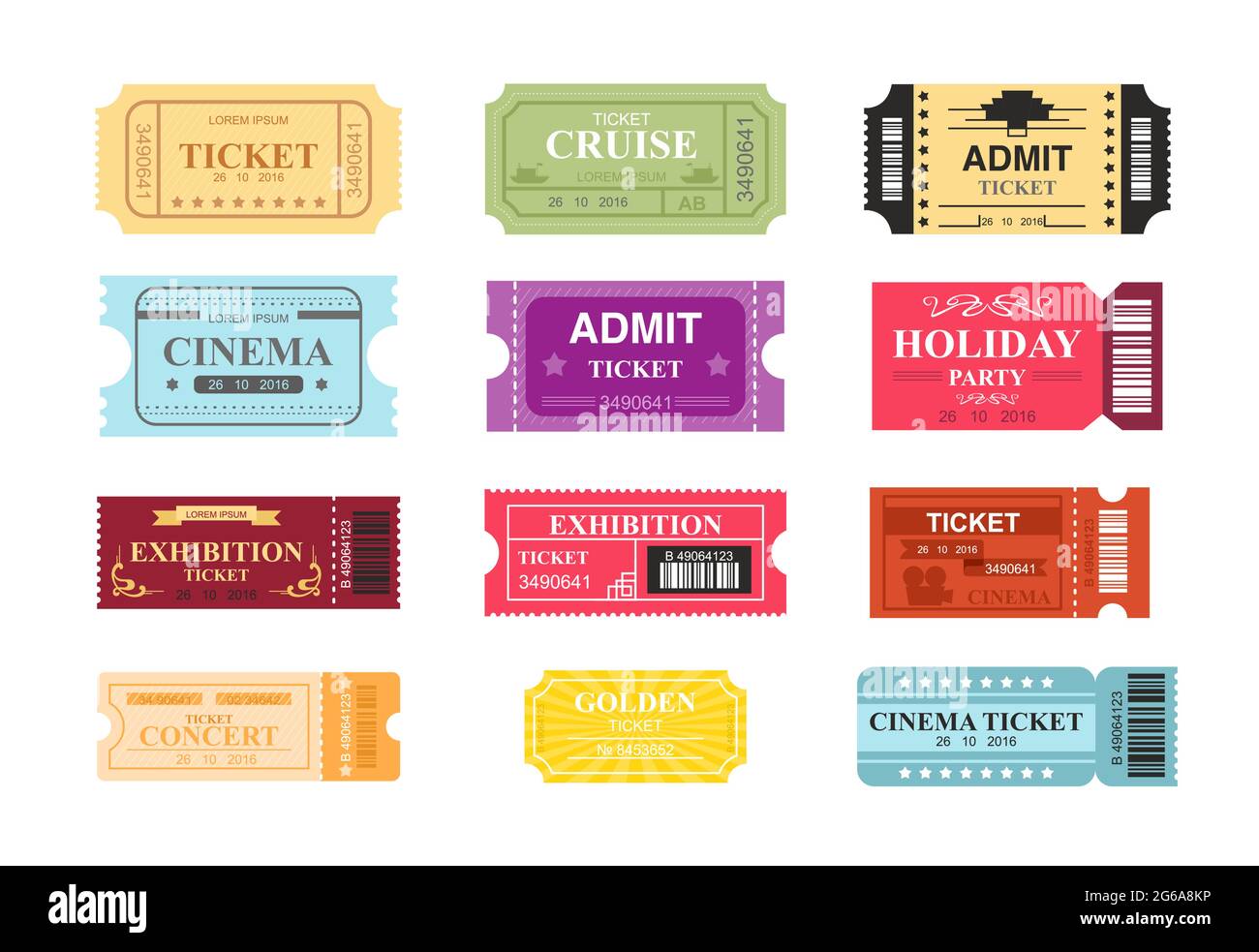 Vector illustration collection of colorful tickets with place for text. Tickets to cinema, theatre and circus in retro design, flat cartoon style. Stock Vector