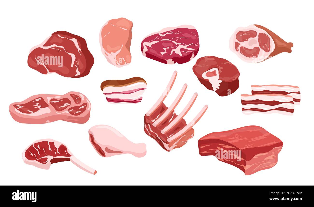 Vector illustration set of fresh meat icons, pieces of fresh tasty meat, steak, ribs in flat style. Gastronomic, cooking, BBQ, restaurant kitchen Stock Vector