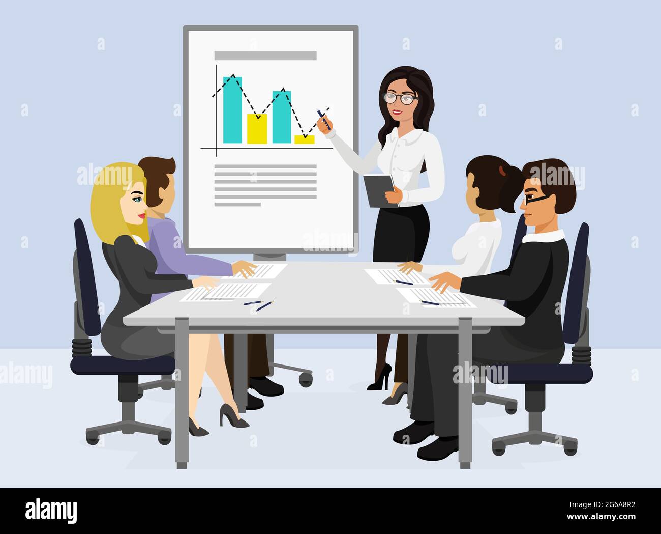 Vector illustration of business meeting, presentation concept, new project.  Woman speaks and shows graphics before her colleagues, flat cartoon style  Stock Vector Image & Art - Alamy