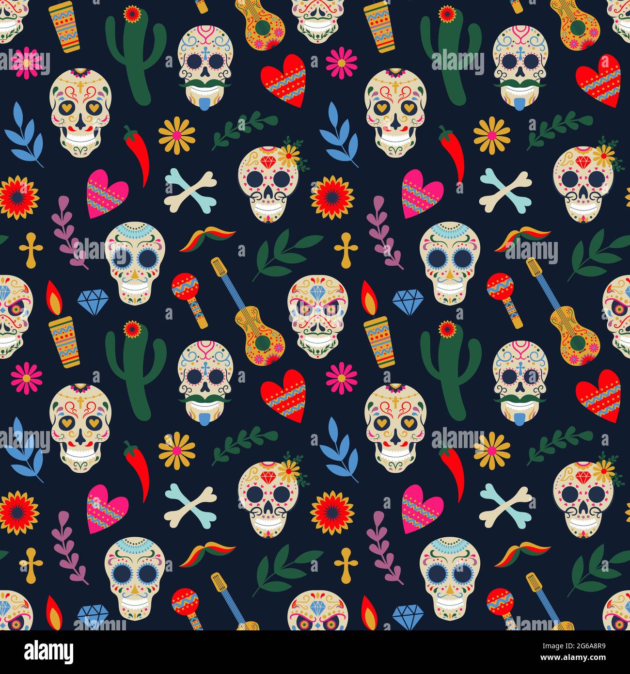 Seamless Pattern For Day Of The Dead Dia De Los Muertos Holiday Background  With Skull And Floral Ornament Vector Illustration For Fabric Wrapping Paper  Textile Wallpaper And Apparel Stock Illustration - Download