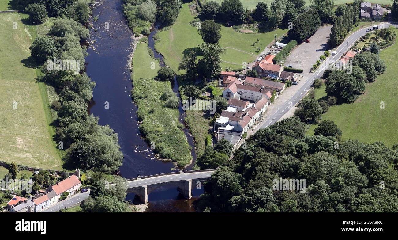 Aerial view of Piercebridge near Darlington. The George Coaching Inn (in picture) is where the grandfather clock resides (subject of the famous song) Stock Photo