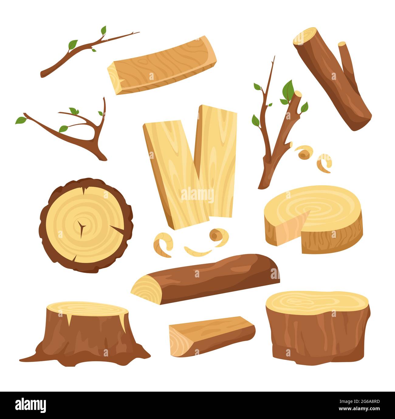 Vector illustration set of materials for wood industry, tree logs, wood trunks, chopped firewood wooden planks, stump, twigs and trunks in cartoon Stock Vector