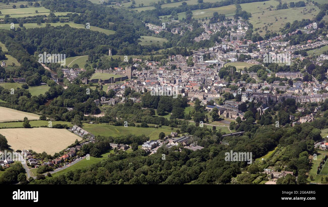 Aerial view of Richmond, North Yorkshire. The original and first Richmond. Here is the town skyline viewed from the east looking west. Stock Photo