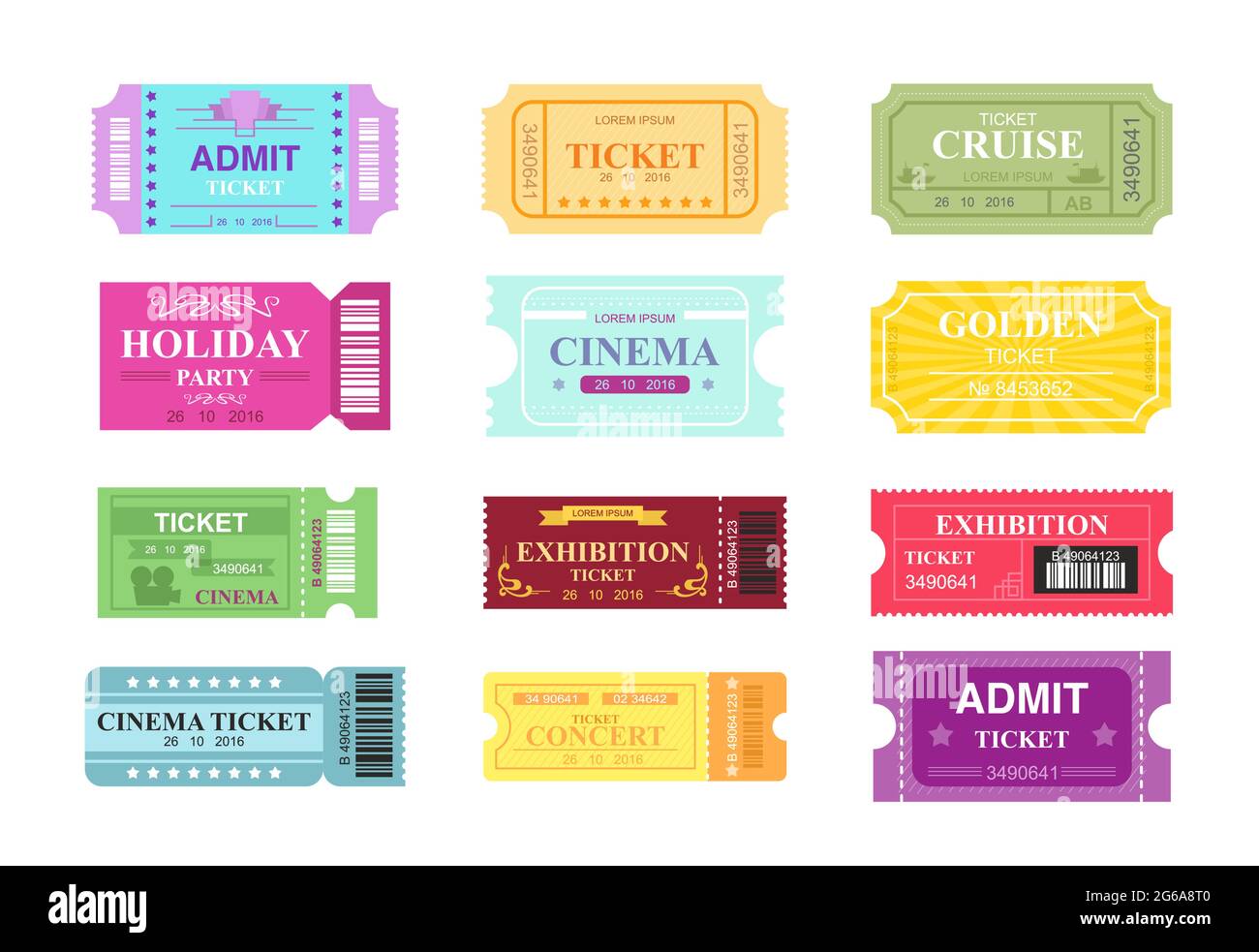 Vector illustration set of different movie tickets, cinema and circus. Colorful and bright tickets collection in flat cartoon style. Stock Vector