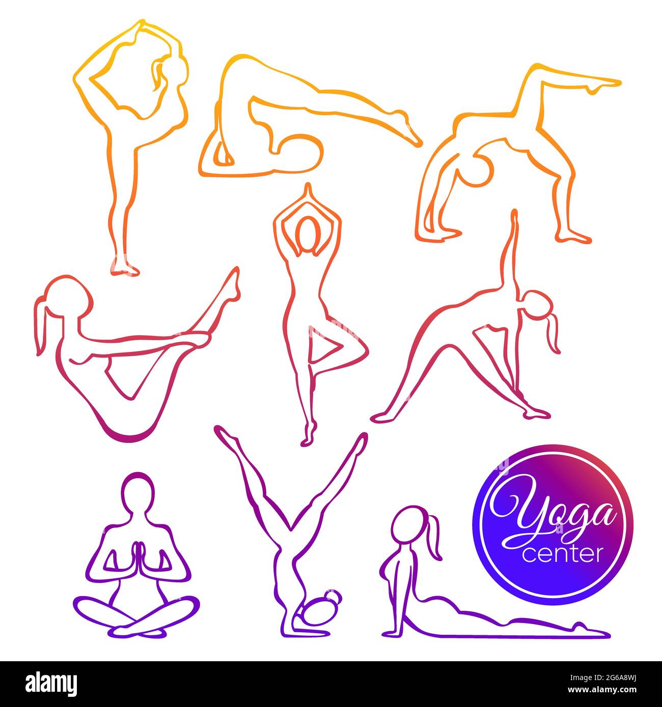 Vector illustration set of yoga poses in line silhouette style. Colorful Fitness Concept, healthy lifestyle. Stock Vector