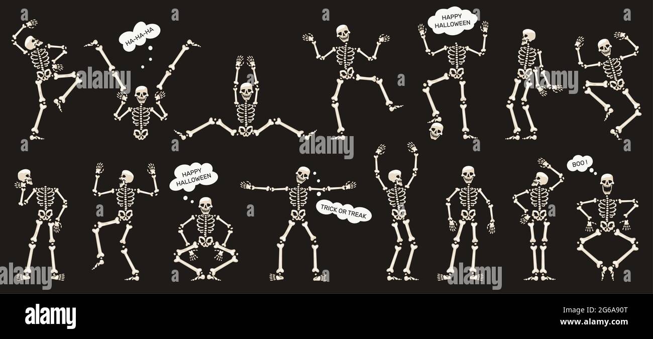 Halloween Skeletons Dancing Skeletons Spooky Halloween Party Skeleton Mascots Isolated Vector 
