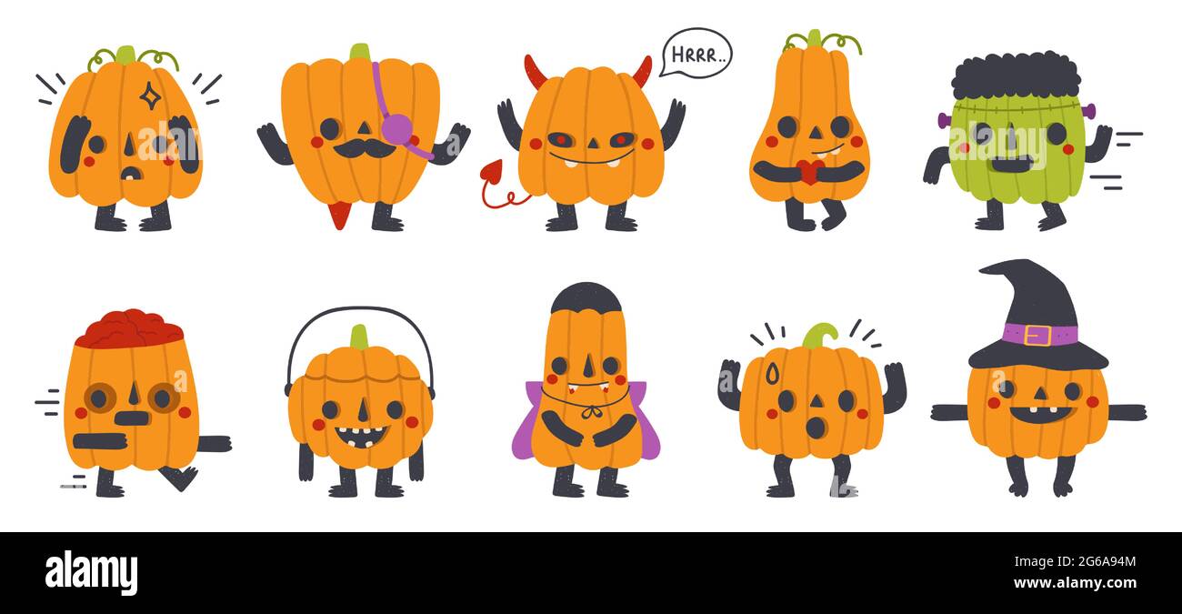 Cute pumpkin mascots. Halloween party funny pumpkins with different ...